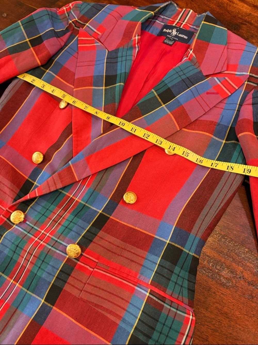 Vintage Ralph Lauren 80s Red Multi Plaid Double-Breasted Blazer Gold Buttons - Picture 13 of 16